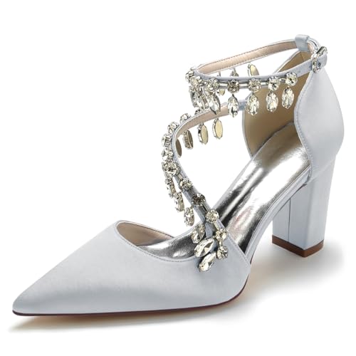 GHSIRUEU Damen Brautschuhe Spitzschuh Kristall Knöchelriemen Blockabsatz Pumpen Partei Abendschuhe,Silber,39 EU von GHSIRUEU