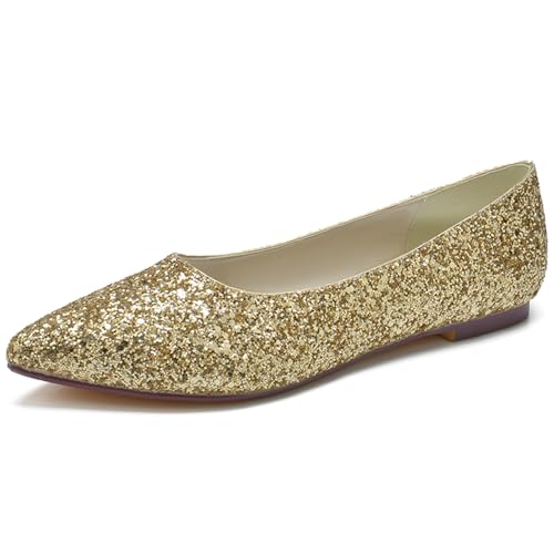 GHSIRUEU Damen Glitzer Ballerinas Spitzschuh Bequeme Slip auf Hochzeit Flache Schuhe Partei Abendschuhe,Gold,38 EU von GHSIRUEU