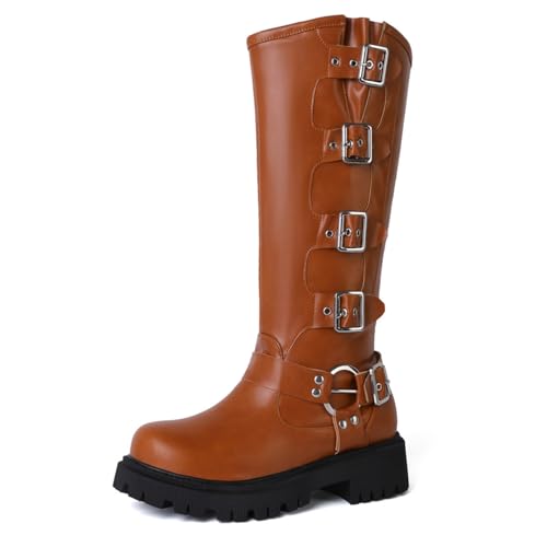 GHSIRUEU Damen Halbhohe Stiefel Runder Zehen Schnalle Militär Kampfstiefel Stylisch & Praktisch Winterstiefel Damen,Braun,38 EU von GHSIRUEU