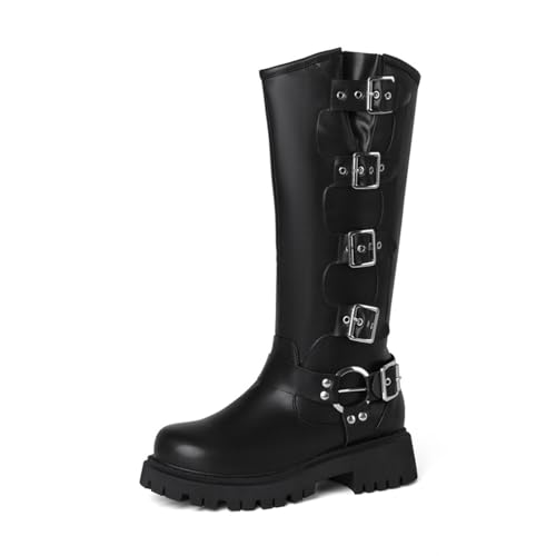 GHSIRUEU Damen Halbhohe Stiefel Runder Zehen Schnalle Militär Kampfstiefel Stylisch & Praktisch Winterstiefel Damen,Schwarz,36 EU von GHSIRUEU