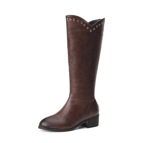 GHSIRUEU Damen Halblange Stiefel Stämmiger Absatz Klassische Reitstiefel Westernstiefel Mit Reißverschluss Und Nieten,Braun,41 EU von GHSIRUEU