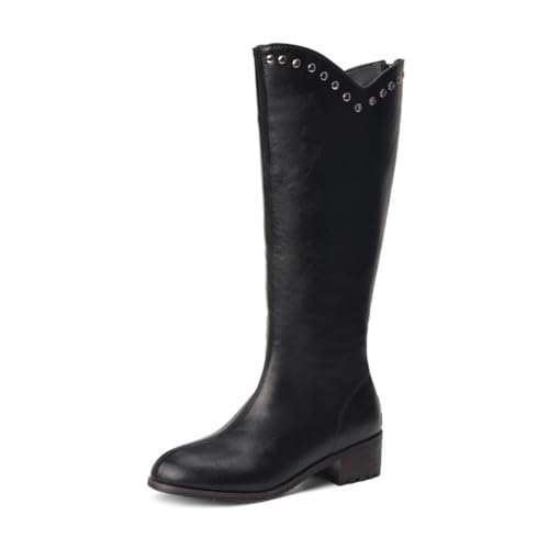 GHSIRUEU Damen Halblange Stiefel Stämmiger Absatz Klassische Reitstiefel Westernstiefel Mit Reißverschluss Und Nieten,Schwarz,37 EU von GHSIRUEU