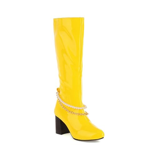 GHSIRUEU Damen Hohe Lackstiefel Blockabsatz Langschaft Kniehohe Stiefel Mit Reißverschluss Und Ketten,Gelb,41 EU GHSIRUEU Damen Hohe Lackstiefel Blockabsatz Langschaft Kniehohe Stiefel Mit Reißverschluss Und Ketten,Gelb,41 EU von GHSIRUEU