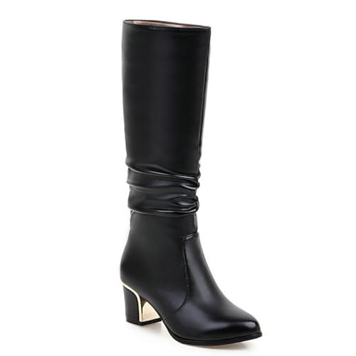 GHSIRUEU Damen Hohe Stiefel Comfort Gefüttert Spitze Zeh Stämmiger Absatz Reitstiefel,Schwarz,37 EU von GHSIRUEU