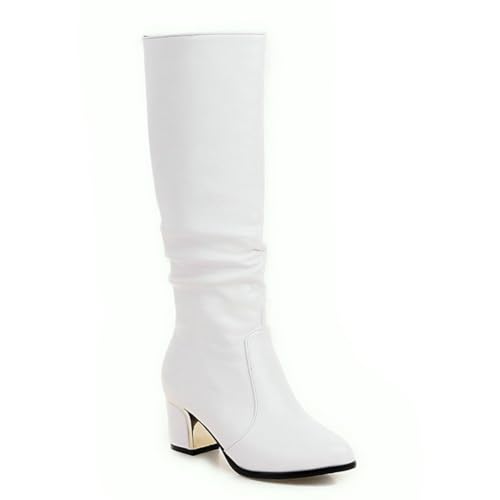 GHSIRUEU Damen Hohe Stiefel Comfort Gefüttert Spitze Zeh Stämmiger Absatz Reitstiefel,Weiß,41 EU von GHSIRUEU