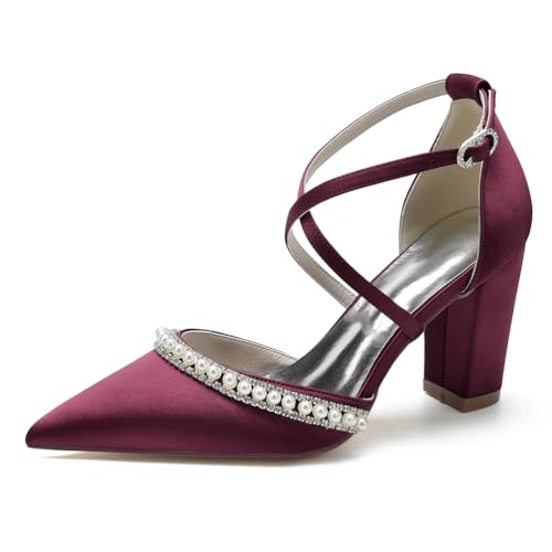 GHSIRUEU Damen Klassisch Kreuz Riemchen Blockabsatz Spitzschuh Satin Hochzeit Brautjungfernschuhe mit Perle,Burgundy,43 EU von GHSIRUEU