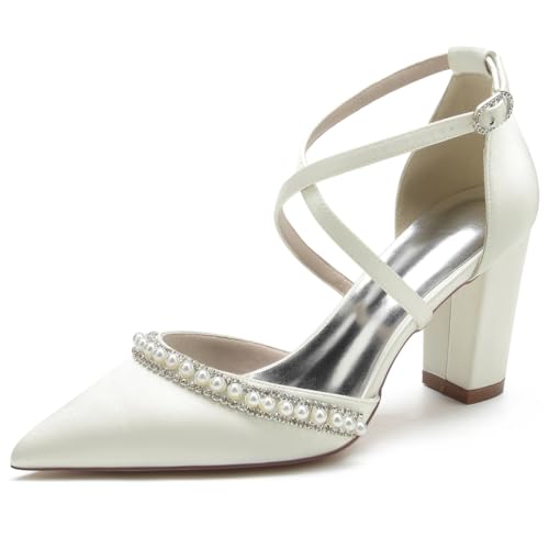 GHSIRUEU Damen Klassisch Kreuz Riemchen Blockabsatz Spitzschuh Satin Hochzeit Brautjungfernschuhe mit Perle,Elfenbein,37 EU von GHSIRUEU