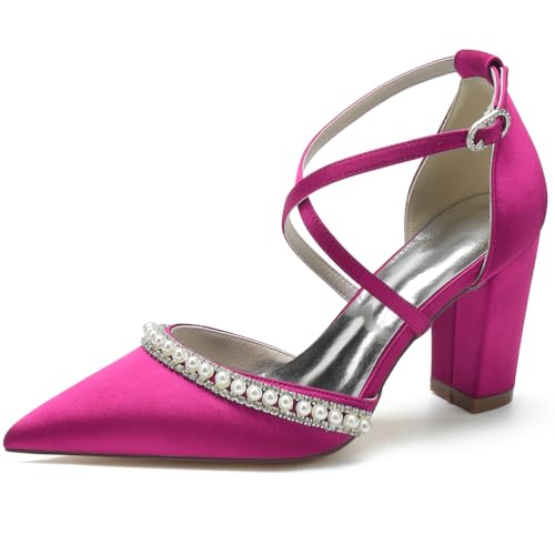 GHSIRUEU Damen Klassisch Kreuz Riemchen Blockabsatz Spitzschuh Satin Hochzeit Brautjungfernschuhe mit Perle,Fuchsia,42 EU von GHSIRUEU