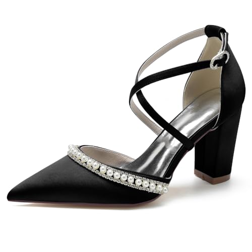 GHSIRUEU Damen Klassisch Kreuz Riemchen Blockabsatz Spitzschuh Satin Hochzeit Brautjungfernschuhe mit Perle,Schwarz,36 EU von GHSIRUEU