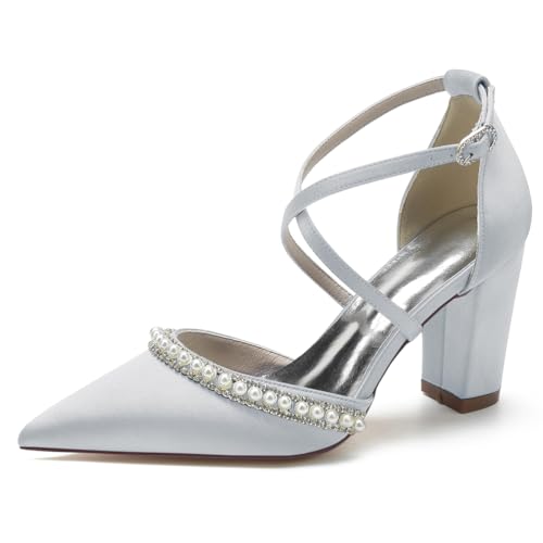 GHSIRUEU Damen Klassisch Kreuz Riemchen Blockabsatz Spitzschuh Satin Hochzeit Brautjungfernschuhe mit Perle,Silber,43 EU von GHSIRUEU