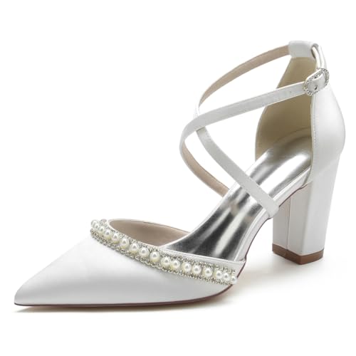 GHSIRUEU Damen Klassisch Kreuz Riemchen Blockabsatz Spitzschuh Satin Hochzeit Brautjungfernschuhe mit Perle,Weiß,39 EU von GHSIRUEU