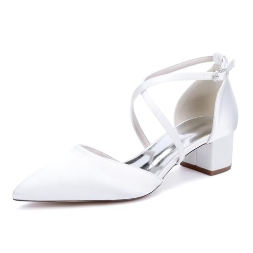GHSIRUEU Damen Klassisch Kreuz Riemchen Niedriger Absatz Blockabsatz Satin Hochzeit Brautjungfernschuhe,Weiß,42 EU von GHSIRUEU