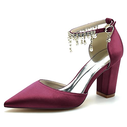 GHSIRUEU Damen Klassisch Perle Knöchelriemen Blockabsatz Spitzschuh Satin Hochzeit Brautjungfernschuhe,Burgundy,43 EU von GHSIRUEU