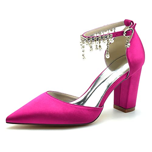 GHSIRUEU Damen Klassisch Perle Knöchelriemen Blockabsatz Spitzschuh Satin Hochzeit Brautjungfernschuhe,Fuchsia,39 EU von GHSIRUEU