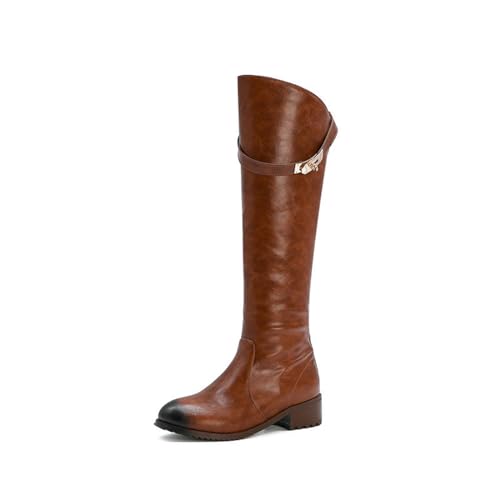 GHSIRUEU Damen Klassische Kniehohe Stiefel Mit Reißverschluss Niedriger Absatz Flache Reitstiefel Lange Schlauchstiefel,Gelb,35 EU von GHSIRUEU