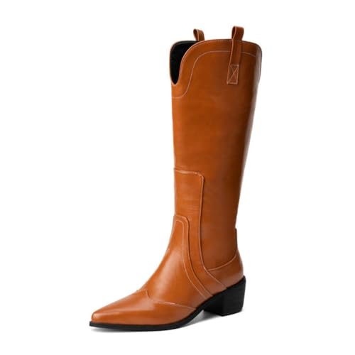 GHSIRUEU Damen Klassische Spitzschuh Westernstiefel Reitstiefel Mit Reißverschluss Dicker Absatz Kniehohe Stiefel,Braun,39 EU von GHSIRUEU