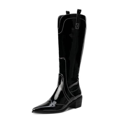 GHSIRUEU Damen Klassische Spitzschuh Westernstiefel Reitstiefel Mit Reißverschluss Dicker Absatz Kniehohe Stiefel,Schwarz,41 EU von GHSIRUEU