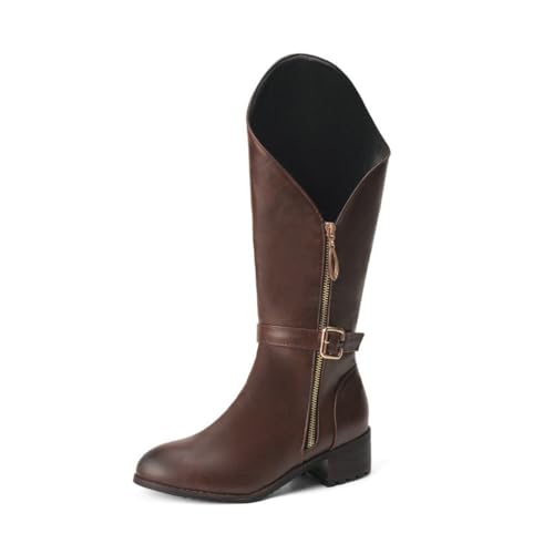 GHSIRUEU Damen Kniehohe Stiefel Niedriger Absatz Runder Zeh Reißverschluss Kurzschaft Reitstiefel Mit Schnalle,Braun,47 EU GHSIRUEU Damen Kniehohe Stiefel Niedriger Absatz Runder Zeh Reißverschluss Kurzschaft Reitstiefel Mit Schnalle,Braun,47 EU von GHSIRUEU