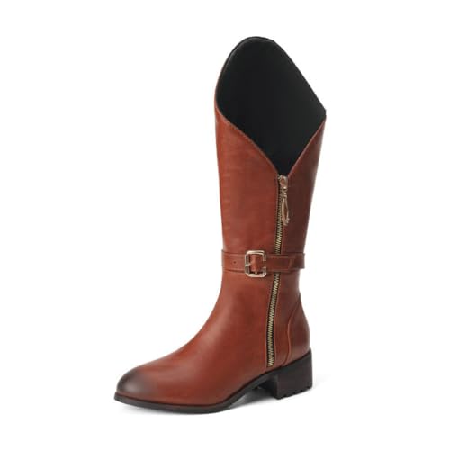 GHSIRUEU Damen Kniehohe Stiefel Niedriger Absatz Runder Zeh Reißverschluss Kurzschaft Reitstiefel Mit Schnalle,Gelb,34 EU von GHSIRUEU