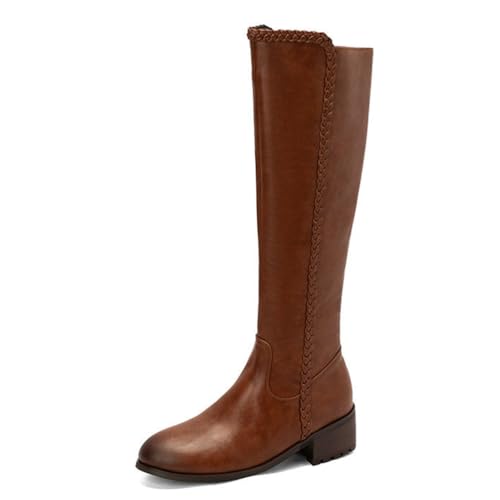 GHSIRUEU Damen Kniehohe Stiefel Runde Zehe Comfort Lining Langschaft Reitstiefel Mit Reißverschluss,Braun,40 EU von GHSIRUEU
