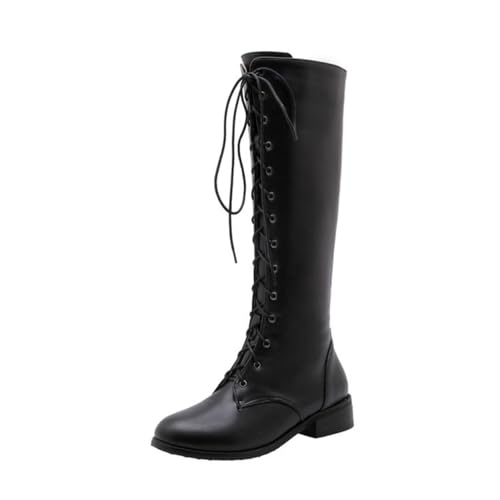 GHSIRUEU Damen Kniehohe Stiefel Schnürstiefelette Army Militär Travelling Springerstiefel Mit Reißverschluss Und Niedriger Absatz,Schwarz,49 EU von GHSIRUEU