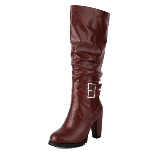 GHSIRUEU Damen Kniehohe Stiefel mit Blockabsatz Runder Zehen Reitstiefel mit Reißverschluss und Schnalle,Burgundy,45 EU von GHSIRUEU