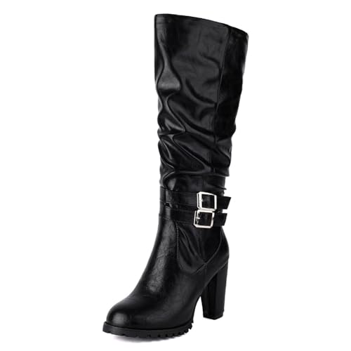 GHSIRUEU Damen Kniehohe Stiefel mit Blockabsatz Runder Zehen Reitstiefel mit Reißverschluss und Schnalle,Schwarz,47 EU von GHSIRUEU