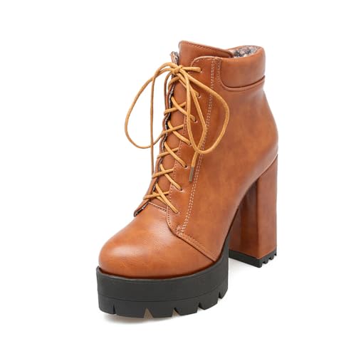 GHSIRUEU Damen Kurzschaft Runder Zeh Blockabsatz Plattform Stiefel Warm Gefütterte Winter Stiefeletten,Gelb,40 EU von GHSIRUEU