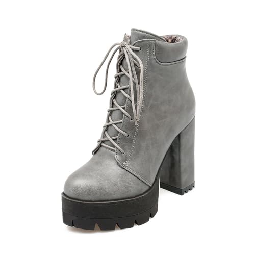 GHSIRUEU Damen Kurzschaft Runder Zeh Blockabsatz Plattform Stiefel Warm Gefütterte Winter Stiefeletten,Grau,42 EU von GHSIRUEU