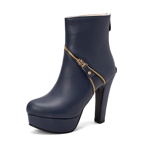 GHSIRUEU Damen Kurzschaft Stiefel Mode Absatzschuhe Runder Zeh Plateau Stiefel Mit Reißverschluss,Blau,38 EU von GHSIRUEU