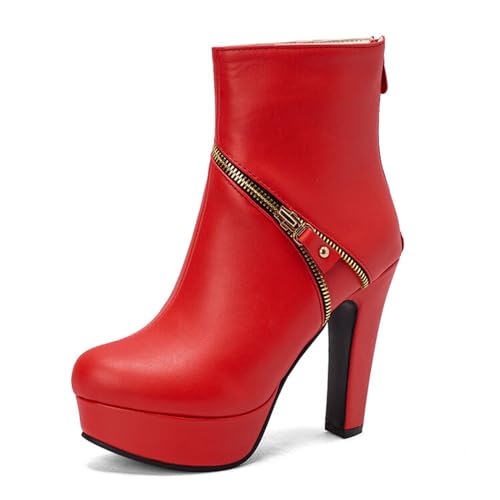 GHSIRUEU Damen Kurzschaft Stiefel Mode Absatzschuhe Runder Zeh Plateau Stiefel Mit Reißverschluss,Rot,48 EU von GHSIRUEU