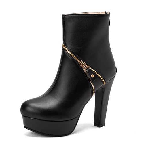GHSIRUEU Damen Kurzschaft Stiefel Mode Absatzschuhe Runder Zeh Plateau Stiefel Mit Reißverschluss,Schwarz,49 EU von GHSIRUEU