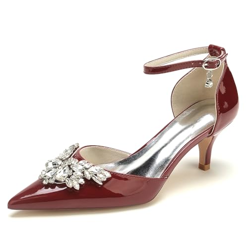GHSIRUEU Damen Lackleder Spitzschuh Knöchelriemen 6 cm Kätzchenabsatz Hochzeit Brautschuhe mit Strass,Burgundy,38 EU GHSIRUEU Damen Lackleder Spitzschuh Knöchelriemen 6 cm Kätzchenabsatz Hochzeit Brautschuhe mit Strass,Burgundy,38 EU von GHSIRUEU