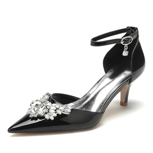 GHSIRUEU Damen Lackleder Spitzschuh Knöchelriemen 6 cm Kätzchenabsatz Hochzeit Brautschuhe mit Strass,Schwarz,38 EU GHSIRUEU Damen Lackleder Spitzschuh Knöchelriemen 6 cm Kätzchenabsatz Hochzeit Brautschuhe mit Strass,Schwarz,38 EU von GHSIRUEU