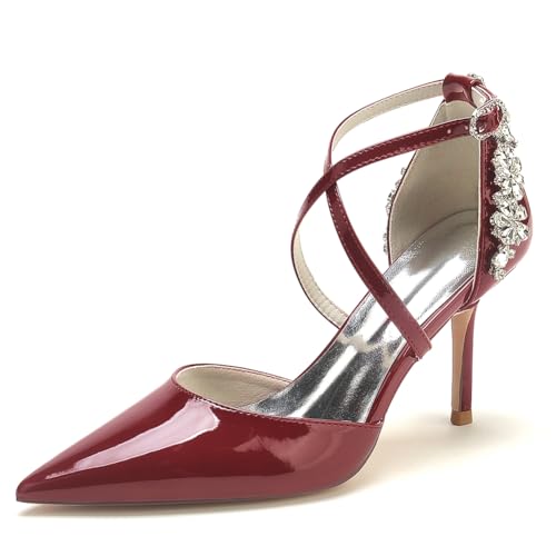 GHSIRUEU Damen Lackleder Spitzschuh Strass Kreuz Riemchen 8.5 cm Stöckel Absatz Hochzeit Brautjungfernschuhe,Burgundy,37 EU von GHSIRUEU