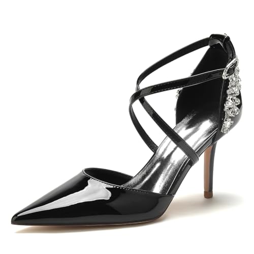 GHSIRUEU Damen Lackleder Spitzschuh Strass Kreuz Riemchen 8.5 cm Stöckel Absatz Hochzeit Brautjungfernschuhe,Schwarz,41 EU GHSIRUEU Damen Lackleder Spitzschuh Strass Kreuz Riemchen 8.5 cm Stöckel Absatz Hochzeit Brautjungfernschuhe,Schwarz,41 EU von GHSIRUEU