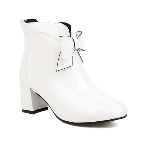 GHSIRUEU Damen Mode Kurze Stiefel Blockabsatz Chelsea Stiefel Reißverschluss Anzugstiefel Mit Krawatte,Weiß,42 EU von GHSIRUEU