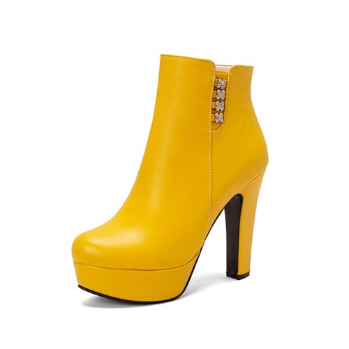 GHSIRUEU Damen Mode Kurze Stiefel Plateau Chelsea Stiefel Seitlicher Reißverschluss Anzugstiefel Mit Strass,Gelb,43 EU von GHSIRUEU