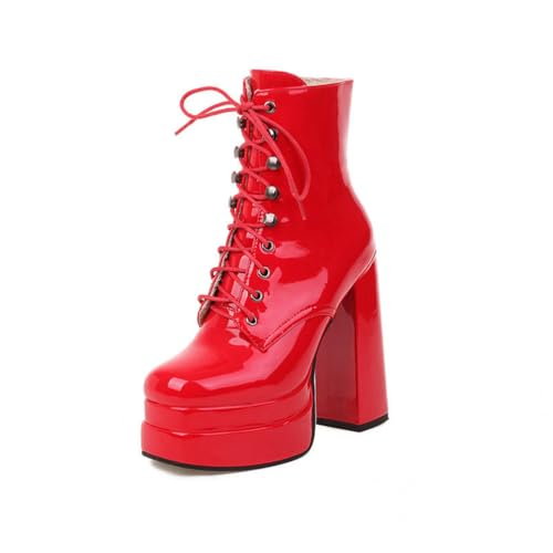 GHSIRUEU Damen Mode Plateau Stiefel Quadratische Zeh Blockabsatz Klassische Wasserdicht Schnürstiefel Reitstiefel,Rot,43 EU von GHSIRUEU