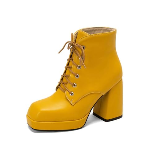 GHSIRUEU Damen Mode Plateau Stiefel Quadratische Zehe Schnürstiefeletten mit Reißverschluss und Blockabsatz,Gelb,41 EU von GHSIRUEU