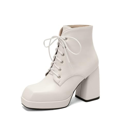 GHSIRUEU Damen Mode Plateau Stiefel Quadratische Zehe Schnürstiefeletten mit Reißverschluss und Blockabsatz,Weiß,48 EU von GHSIRUEU