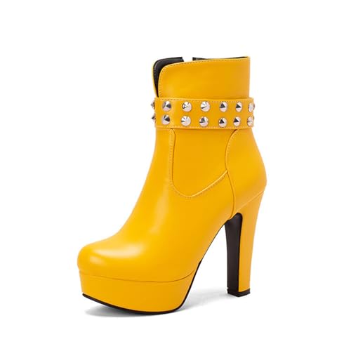 GHSIRUEU Damen Mode Stiefel Plateau Absatzschuhe Seitlicher Reißverschluss Anzugstiefel Mit Nieten,Gelb,42 EU von GHSIRUEU