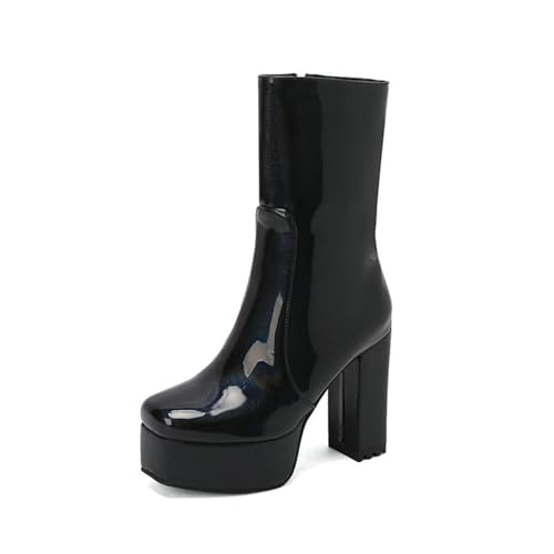 GHSIRUEU Damen Mode-Stiefel Plateau Stiefeletten Klassische Lackleder Bequem Kurze Stiefel mit Quadratische Zehe Blockabsatz,Schwarz,37 EU von GHSIRUEU