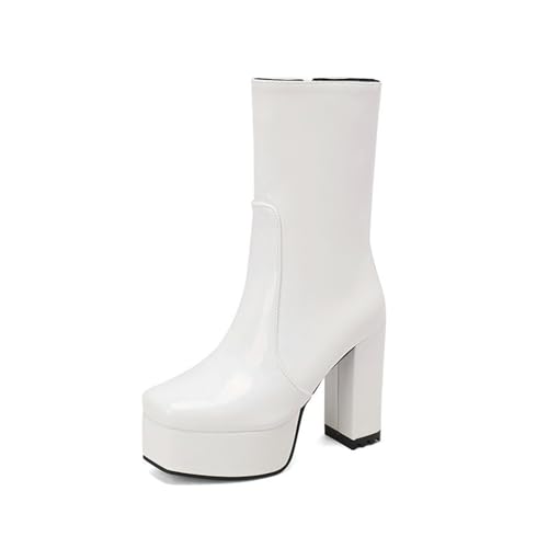 GHSIRUEU Damen Mode-Stiefel Plateau Stiefeletten Klassische Lackleder Bequem Kurze Stiefel mit Quadratische Zehe Blockabsatz,Weiß,37 EU von GHSIRUEU