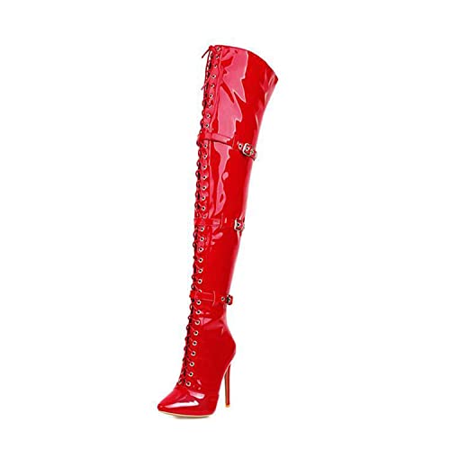 GHSIRUEU Damen Mode Stiletto Reißverschluss Kniestiefel Spitze Langschaft Stiefel,Rot,38 EU von GHSIRUEU