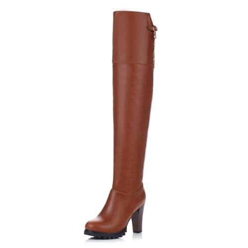 GHSIRUEU Damen Oberschenkelhohe Stiefel Overknee Stretch Blockabsatz Mode Lange Stiefel Ritterstiefel,Braun,42 EU von GHSIRUEU