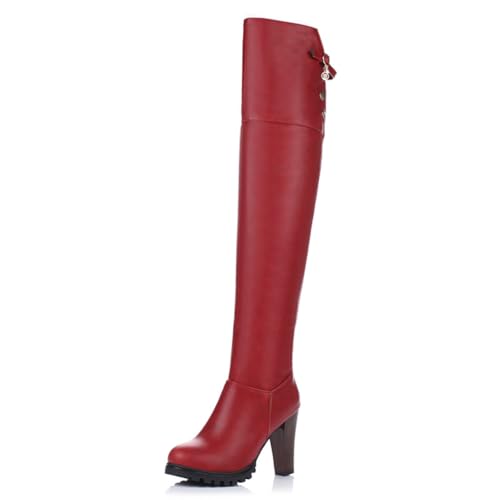 GHSIRUEU Damen Oberschenkelhohe Stiefel Overknee Stretch Blockabsatz Mode Lange Stiefel Ritterstiefel,Rot,38 EU von GHSIRUEU