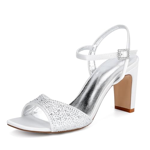 GHSIRUEU Damen Offener Zehen Sandalen mit Strass Knöchelriemen Partei Hochzeit Brautschuhe Abendschuhe,Elfenbein,41 EU von GHSIRUEU