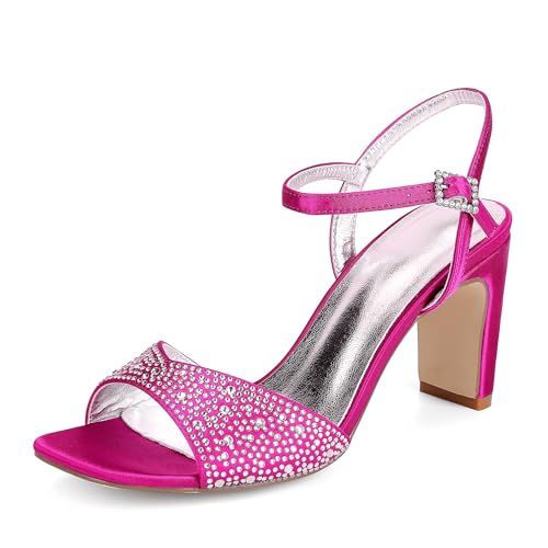 GHSIRUEU Damen Offener Zehen Sandalen mit Strass Knöchelriemen Partei Hochzeit Brautschuhe Abendschuhe,Fuchsia,43 EU von GHSIRUEU