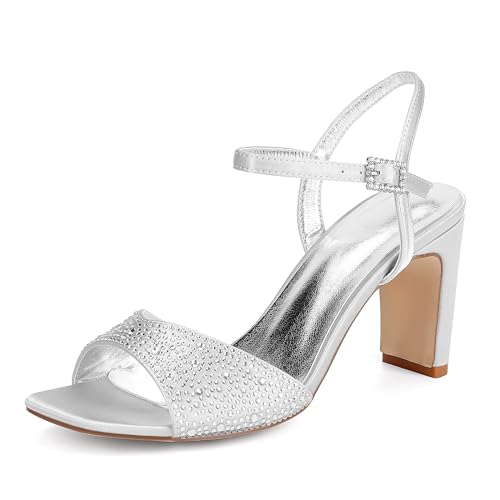 GHSIRUEU Damen Offener Zehen Sandalen mit Strass Knöchelriemen Partei Hochzeit Brautschuhe Abendschuhe,Silber,42 EU von GHSIRUEU